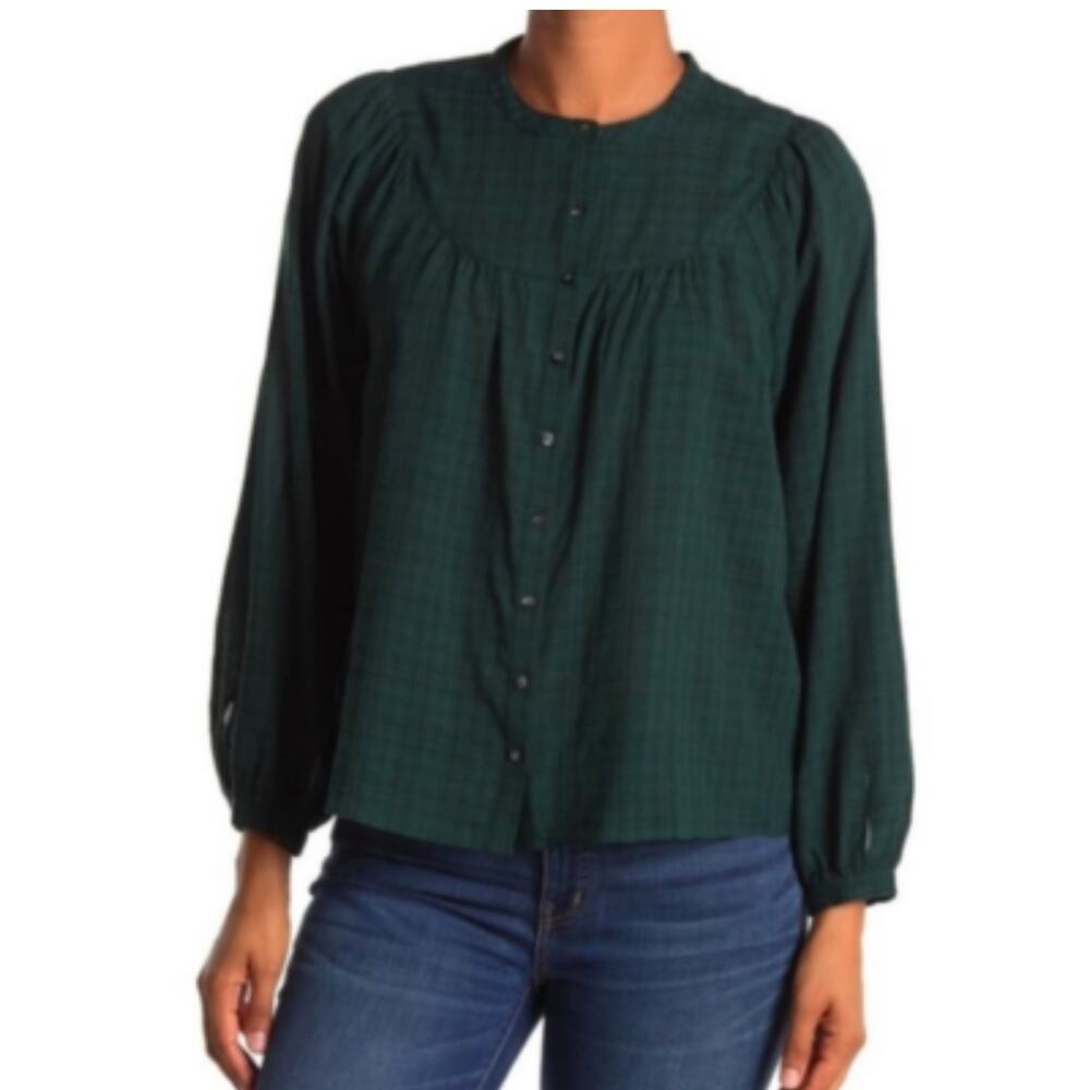 Madewell Women's Plaid Balloon Sleeve Button Down Top Summer Green Size Small‎